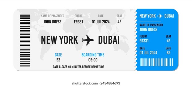 Realistic airline ticket design with passenger name. Vector illustration 10 eps.