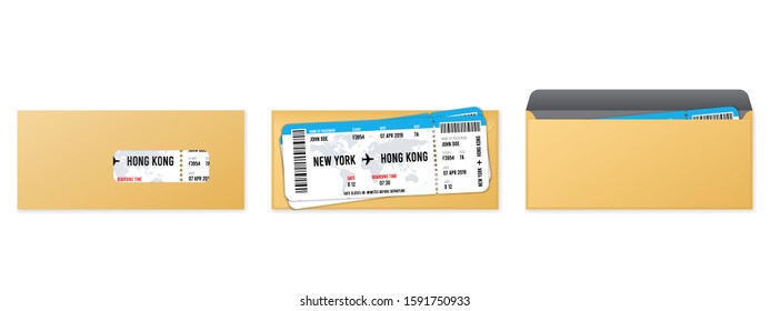 Realistic airline ticket plane design with passenger name in envelope. Vector illustration