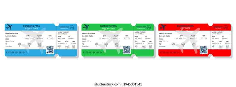 Realistisches Ticketset.Papier-Bordkarte einzeln auf weißem Hintergrund.Konzept für Reise, Reise oder Geschäftsreise.Ticketdesign mit dem Namen Passagier.Economy-Klasse, Business, First Class.