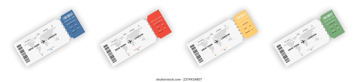 Realistic airline ticket. Tickets mockup set. Vector illustration.