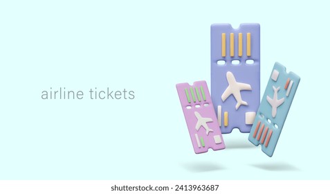 Realistic airline tickets with perforation and embossing. Air travel concept. Online service for booking and buying tickets. Advertising banner with place for text, link buttons