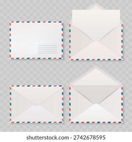 Realistic Airmail Envelope Mockup Set. Vector Red and Blue Striped Mail Templates with Open and Closed Flaps