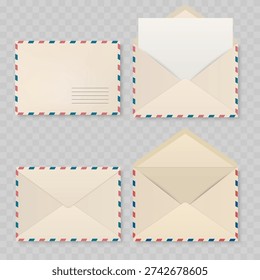 Realistic Airmail Envelope Mockup Set. Vector Red and Blue Striped Mail Templates with Open and Closed Flaps