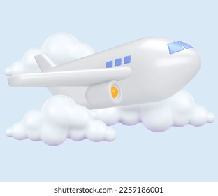 Avión realista con icono de dibujos animados nubes. Representación del vector 3d