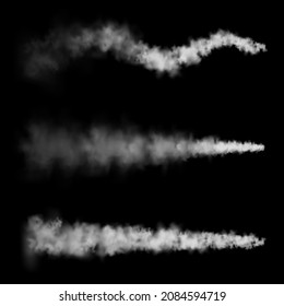 Realistic airplane condensation trails on black background. Space rocket launch. Missile or bullet trail. Jet aircraft tracks. White smoke clouds, fog. Steam flow. Vector illustration.