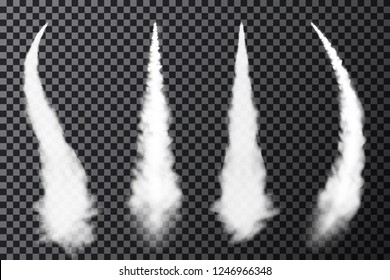 Realistic airplane condensation trails. Smoke from jet or rocket launch. Set of smoke contrails and streaks of condensed water vapor. vector