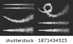 Realistic airplane condensation trails. Space rocket launch. Missile or bullet trail. Jet aircraft tracks. White smoke clouds, fog. Steam flow. Vector illustration.