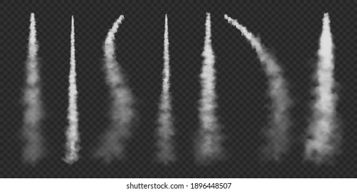 Realistic airplane condensation trails. Space rocket launch. Missile or bullet trail. Jet aircraft tracks. White smoke clouds, fog. Steam flow. Vector illustration.