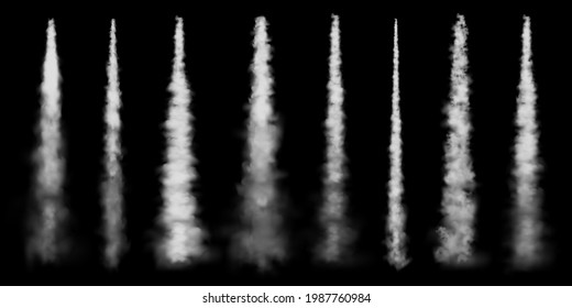 Realistic airplane condensation trails. Space rocket launch. Missile or bullet trail. Jet aircraft tracks. White smoke clouds, fog. Steam flow. Vector illustration.