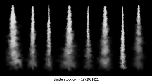 Realistische Kondensationswege im Flugzeug. Raketenstart im Weltraum. Rakel- oder Kugeln-Spur. Jet-Flugzeuggleise. Weiße Rauchwolken, Nebel. Dampfstrom. Vektorgrafik.