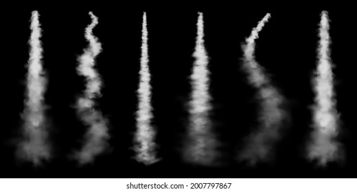 Realistic airplane condensation trails. Space rocket launch. Missile or bullet trail. Jet aircraft tracks. White smoke clouds, fog. Steam flow. Vector illustration.