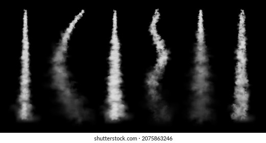 Realistic airplane condensation trails. Space rocket launch. Missile or bullet trail. Jet aircraft tracks. White smoke clouds, fog. Steam flow. Vector illustration.