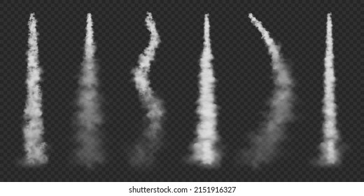 Realistic airplane condensation trails. Space rocket launch. Missile or bullet trail. Jet aircraft tracks. White smoke clouds, fog. Steam flow. Vector illustration.