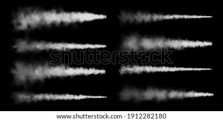 Realistic airplane condensation trails. Space rocket launch. Missile or bullet trail. Jet aircraft tracks. White smoke clouds, fog. Steam flow. Vector illustration.