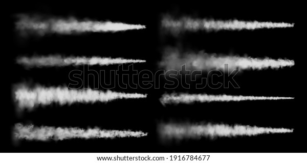 Realistic airplane\
condensation trails. Space rocket launch. Missile or bullet trail.\
Jet aircraft tracks. White smoke clouds, fog. Steam flow. Vector\
illustration.