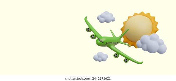 Realistic airplane flies between clouds. Cute creative concept for air transport business ads