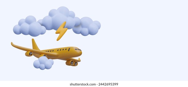 Realistic airplane flying near clouds with lightning. Flight in bad weather