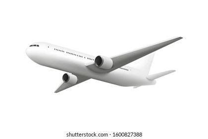 Realistic Airplane Flying Overhead, Jet Aircraft Mockup With Blank Fuselage Design For Branding Template Isolated On White Background, White Plane Mid Flight Vector Illustration