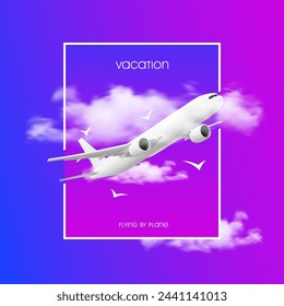 Realistic airplane flying overhead, jet aircraft mockup with blank fuselage design for branding template isolated on white background, white plane mid flight vector illustration