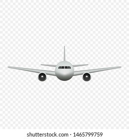 Realistic Airplane isolated front view. Template for flight trip banner or ticket