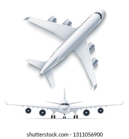 Realistic airplane mockup top, front view 3d . Symbol of travelling and tourism. Airline jet, aviation transportation charter. Modern airliner with turbines. Passenger aircraft, vector illustration