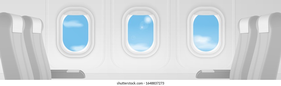 Realistic airplane transport interior ultra wide panorama banner. Aircraft inside seats chairs near window. Business class travel concept vector illustration