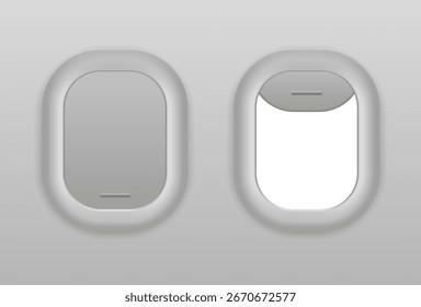 Conjunto de ventana de avión realista con vistas abiertas y cerradas, diseño de plástico y vidrio, maqueta de Vector para concepto de viaje de aviación y presentación de vuelo.
