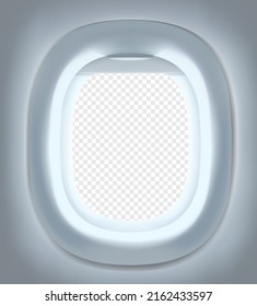 Realistic airplane window with transparent background. 3d vector mockup