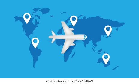 Realistic Airplane World Map Markers Show Travel Destination. Traveling industry and vehicles concept vector art