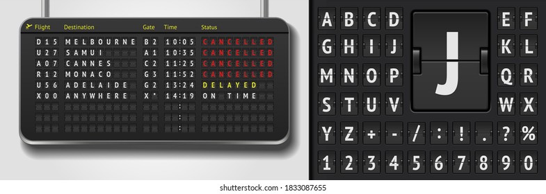 Realistic airport board isolated. Vector black flip airport scoreboard template. 3d airline timetable with departure or arrival with shadows. Analog airport board font on dark background