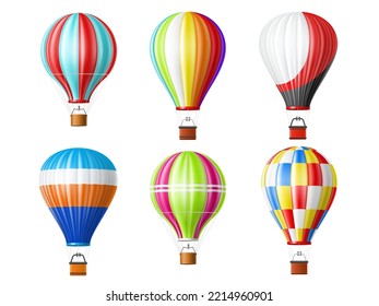 Realistic airship. 3d isolated hot air balloons with baskets, multicolor sky transport, inflatable fly aerial objects with colorful patterns, vintage aviation, flying vehicles utter vector set