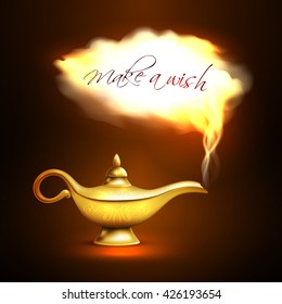 Realistic aladdin lamp with cloud look like departing from lamp genie and title make a wish vector illustration