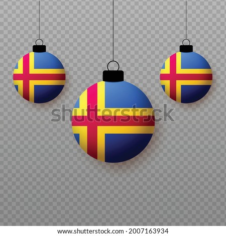 Realistic Aland Flag with flying light balloons. Decorative elements for national holidays.