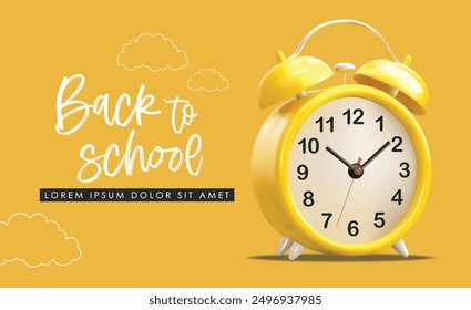 Realistic alarm clock isolated, yellow background. Vector. Colorful school supplies, vector illustration. Stationery	