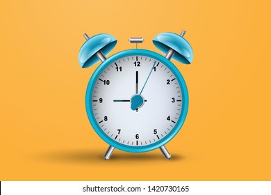 Realistic alarm clock on orange background. Vector illustration.