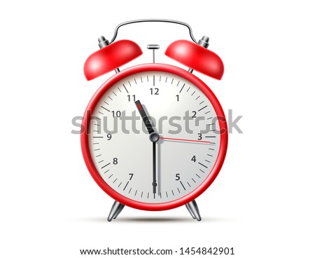 Realistic alarm clock. Red table clock with timer. Morning awaking tool. Time management vintage instrument. 3d vector classic clock with bell.