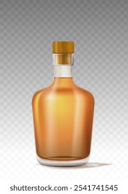 Realistic alcohol bottle. Alcoholic package. Menu for pub or bar. Bottle for brandy or cognac, liquor. Template and layout. 3D vector illustration isolated on transparent background