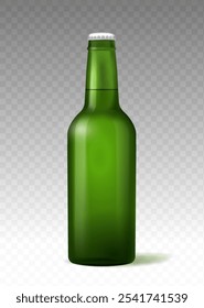 Botella de alcohol realista. Paquete alcohólico verde con cerveza. Menú para pub o bar. Paquete para bebidas alcohólicas. Ilustración vectorial 3D aislada sobre fondo transparente