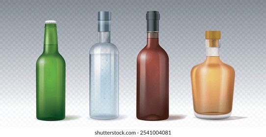 Realistic alcohol bottles set. Green, brown and yellow bottles with beer. Alcoholic drinks and beverages. Bar or pub. Brandy and liqueur. 3D vector collection isolated on transparent background