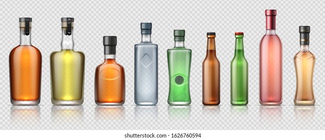Realistic alcohol bottles. Transparent glass containers for whiskey, tequila, vermouth and other alcoholic beverages. Vector isolated set luxury bottle for beverage or premium drink