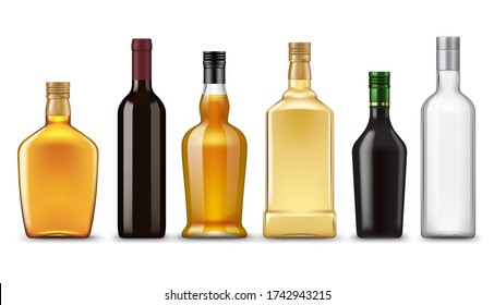 Botellas de bebidas alcohólicas realistas, maquetas vectoriales. Botellas de vidrio de vino, vodka, whisky, ginebra y brandy, licor, coñac, whisky, whisky, bourbon y ron con alcohol de fondo blanco