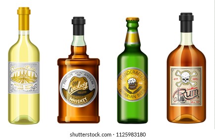 Realistic Alcohol Drinks In A Bottle With Different Vintage Labels. Wine Whiskey Beer Rum. Vector Illustration.