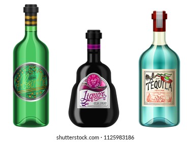Realistic alcohol drinks in a bottle with different vintage labels. Absent Liqueur Tequila. Vector illustration.