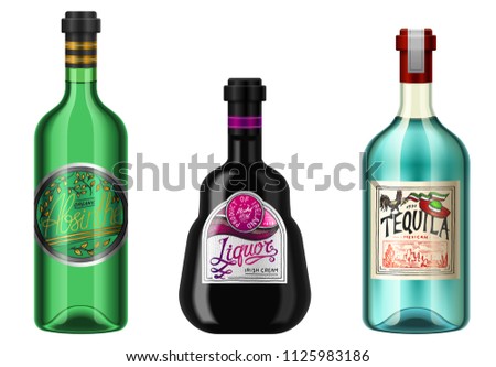 Realistic alcohol drinks in a bottle with different vintage labels. Absent Liqueur Tequila. Vector illustration.
