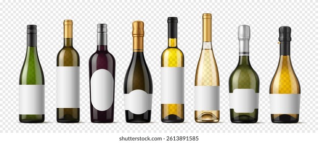 Realistic alcohol glass bottles vector mockups with blank labels. Vector 3d wine bottles of white and red, champagne and rose alcohol drinks. Realistic transparent, green, brown glass containers