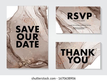 Realistic alcohol ink digital rsvp design, wedding invitation card for bridal party, birthday, family holiday background. Marble save the date warm pastel watercolor splash in vector.