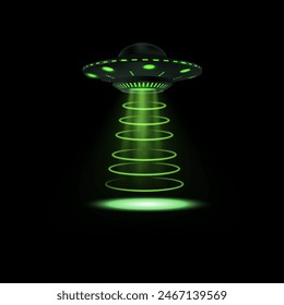 Realistic alien spaceship, UFO with green round beam light, smoke s vector illustration. Portal of flying unidentified saucers glowing, bright illumination and circle rays in darkness. Sci-fi