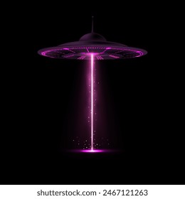 Realistic alien spaceship, UFO with purple vertical beam light, smoke and particles vector illustration. Flying unidentified round saucer glowing in darkness, bright illumination and ray for abduction