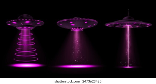 Realistic alien spaceship, UFO with purple vertical beam light, smoke and particles vector illustrations set. Portals of flying unidentified saucers glowing, bright illumination and round rays in dark