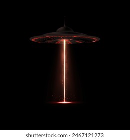 Realistic alien spaceship, UFO with red vertical beam light, smoke and particles vector illustration. Flying unidentified round saucer glowing in darkness, bright illumination and ray for abduction